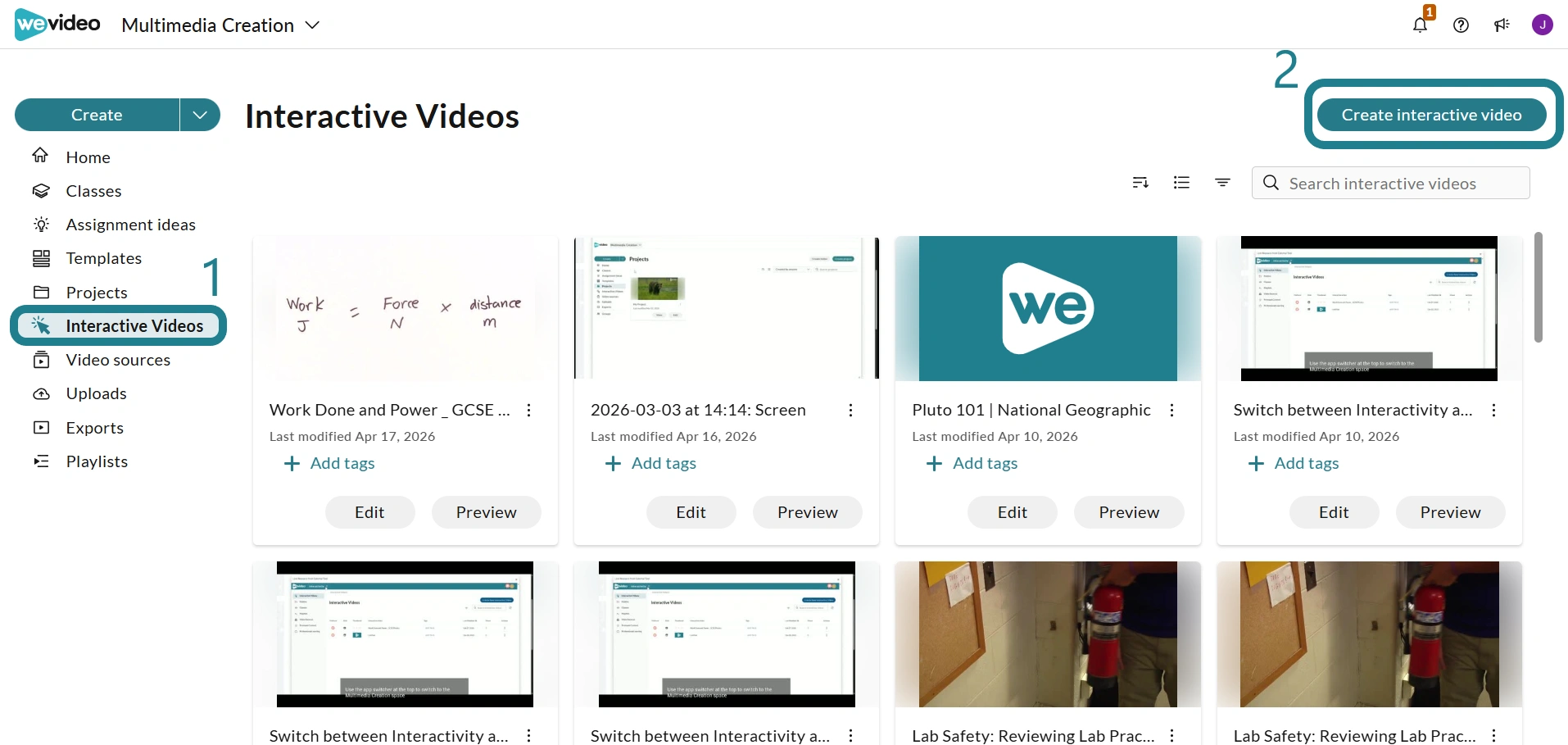 The interactive videos page in the Multimedia Creation space