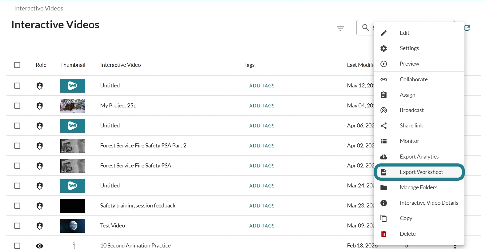 The export worksheet option from the interactive video's actions menu.