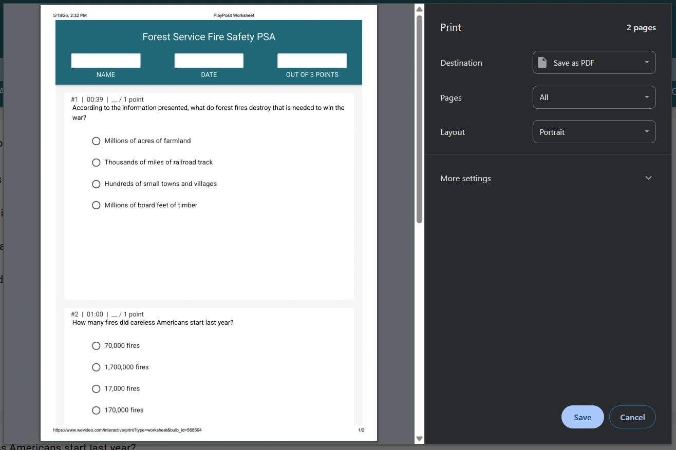 The print option for the exported worksheet
