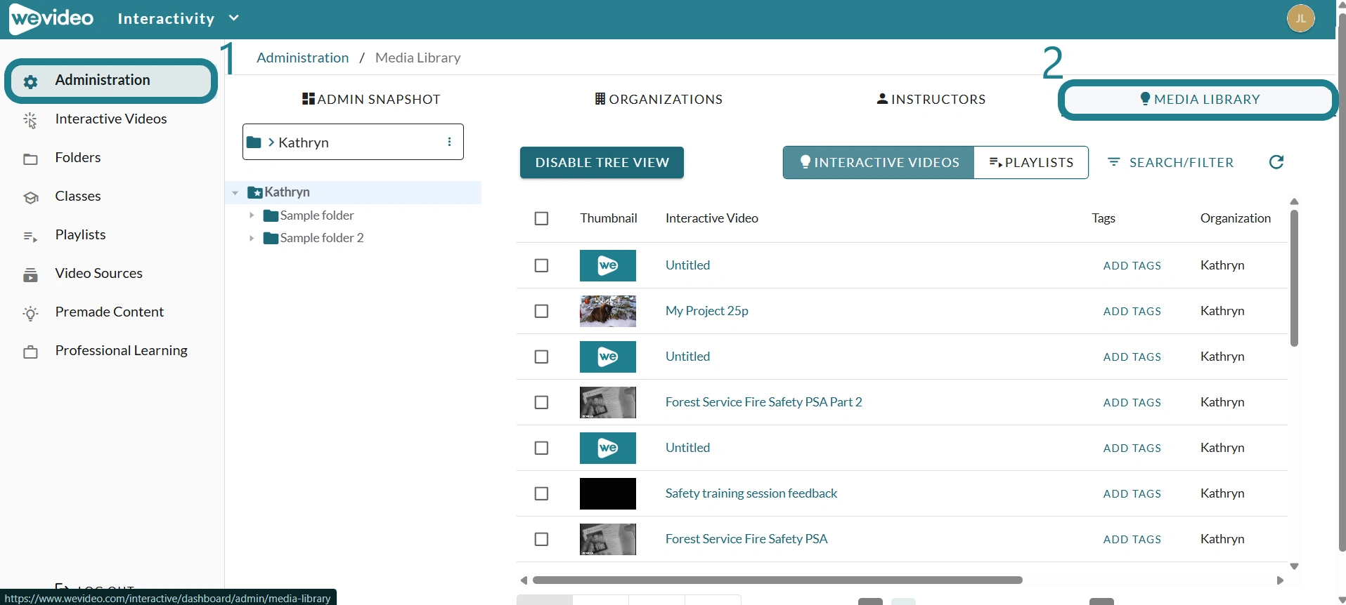 The administration page in Interactivity