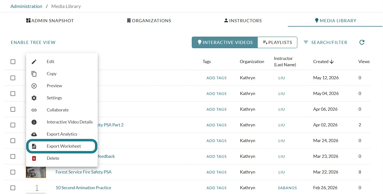 The export worksheet option from the interactive video's actions menu.