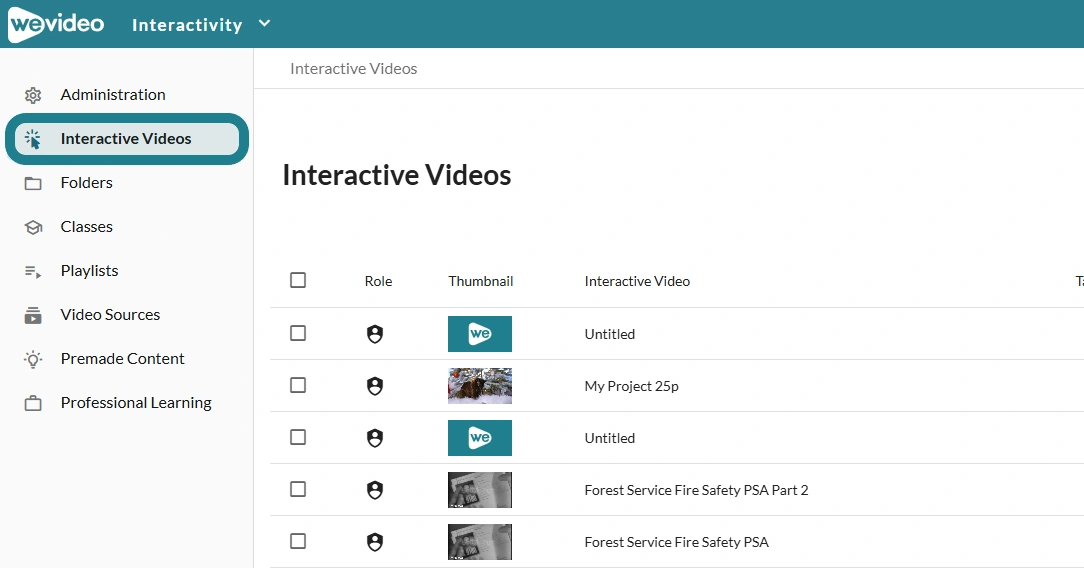 The interactive videos page in Interactivity