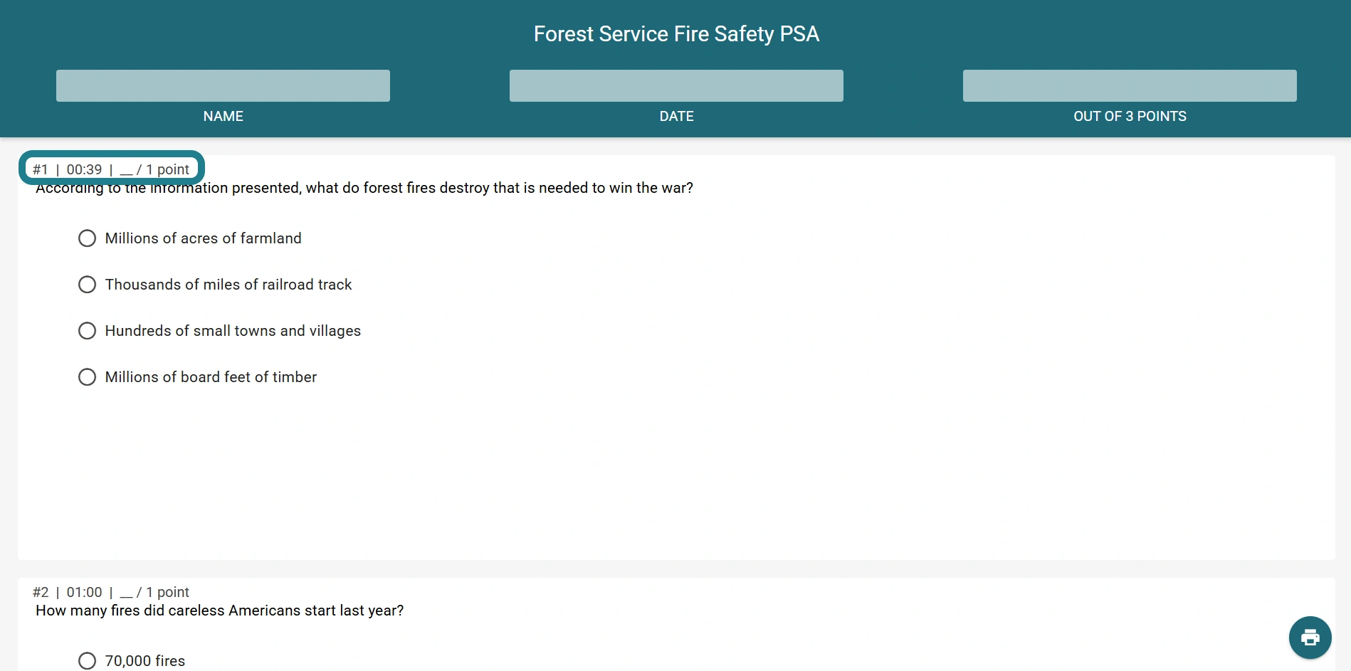 The exported worksheet from the interactive video