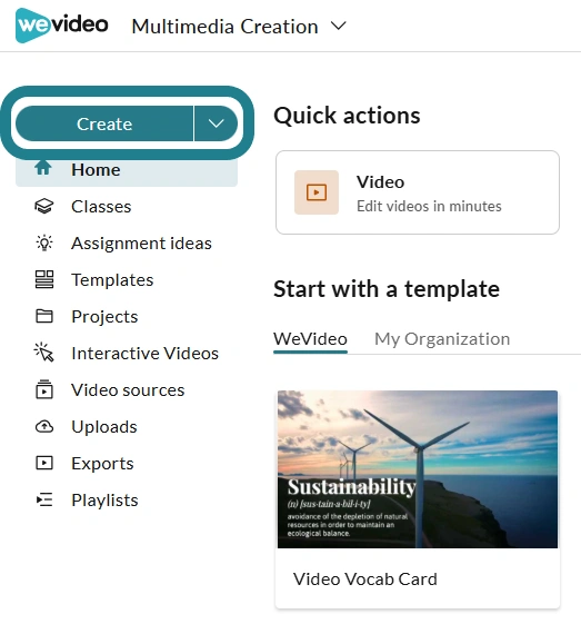The create button in WeVideo Multimedia Creation.