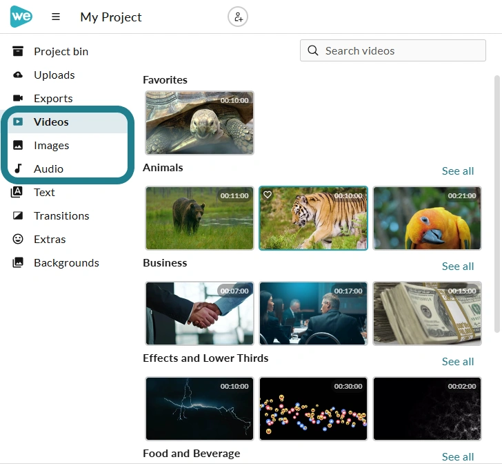 The videos, images, and audio tab in the video editor.