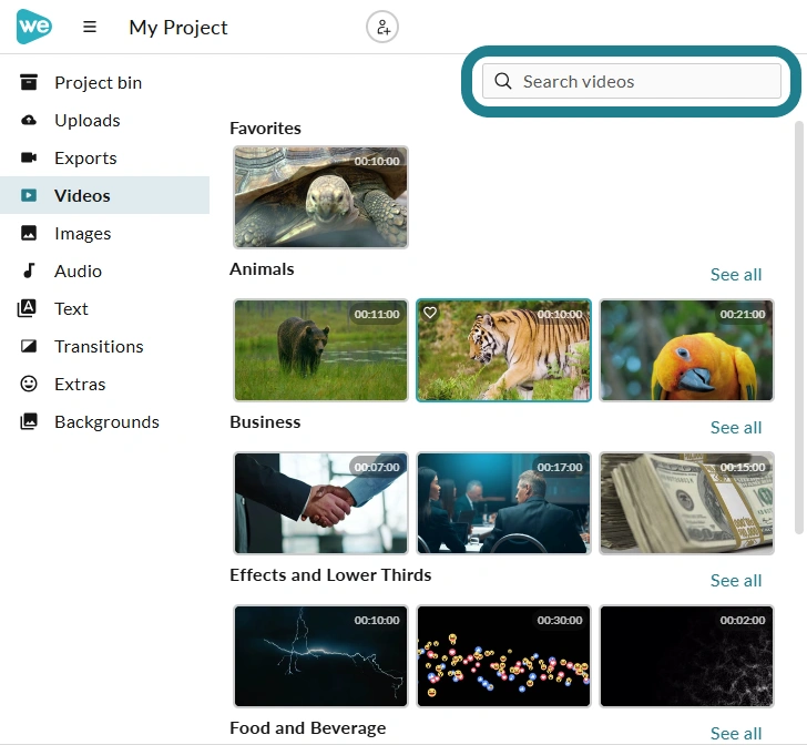 The search bar in the stock media libbrary