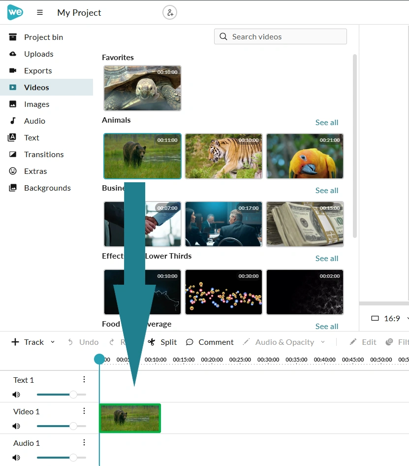 Dragging the media to the timeline to add it to the project.