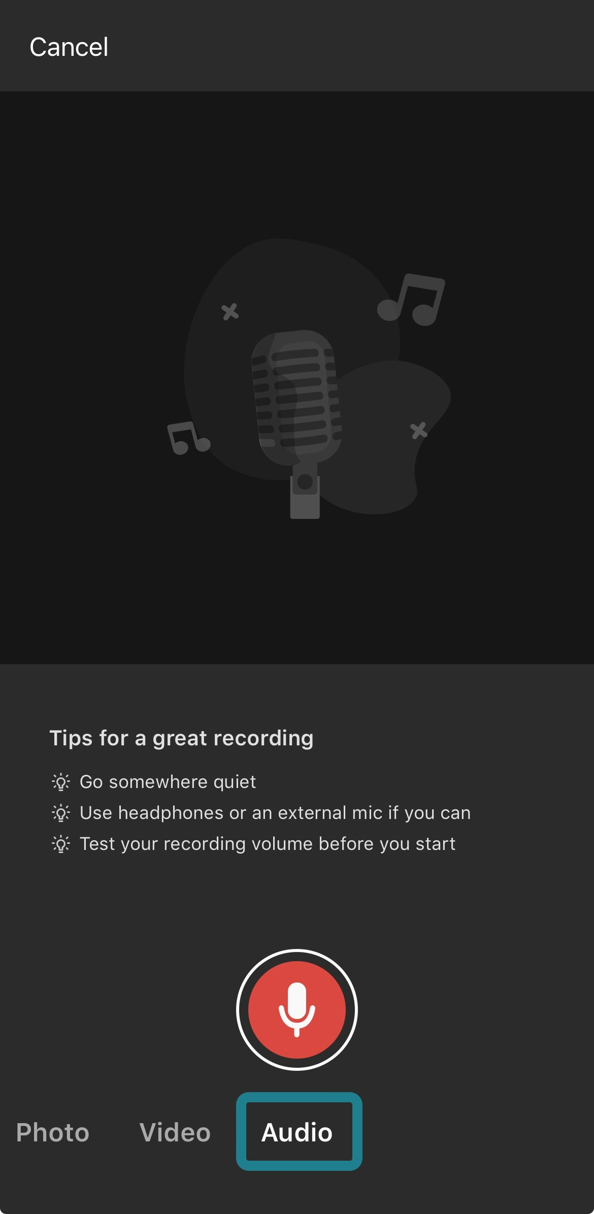 The audio option in the capture media page in the WeVideo app