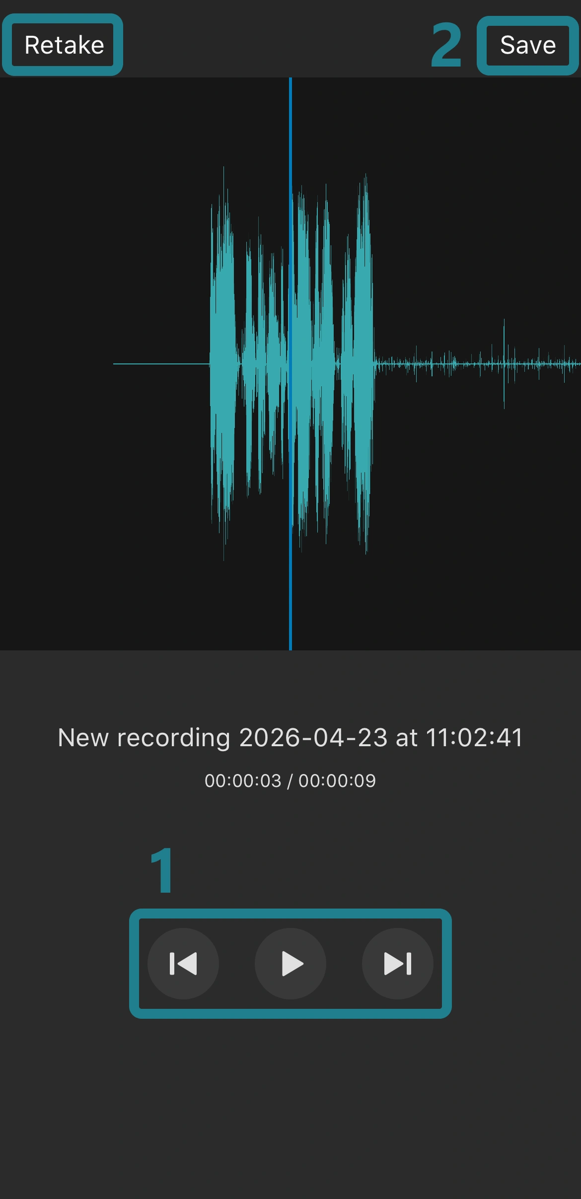 The preview window for recorded audio in the WeVideo app