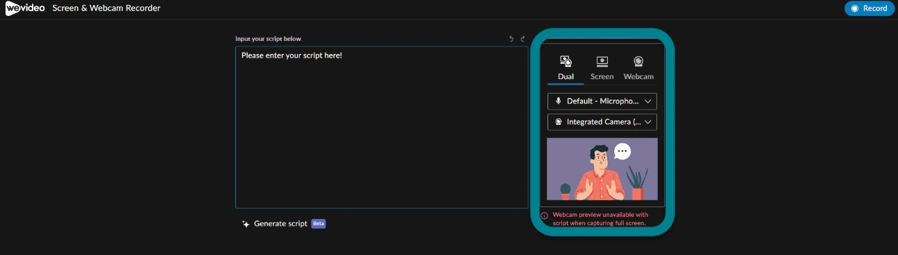 Adjust the recording option on the script page, then click Record to start recording with the script.