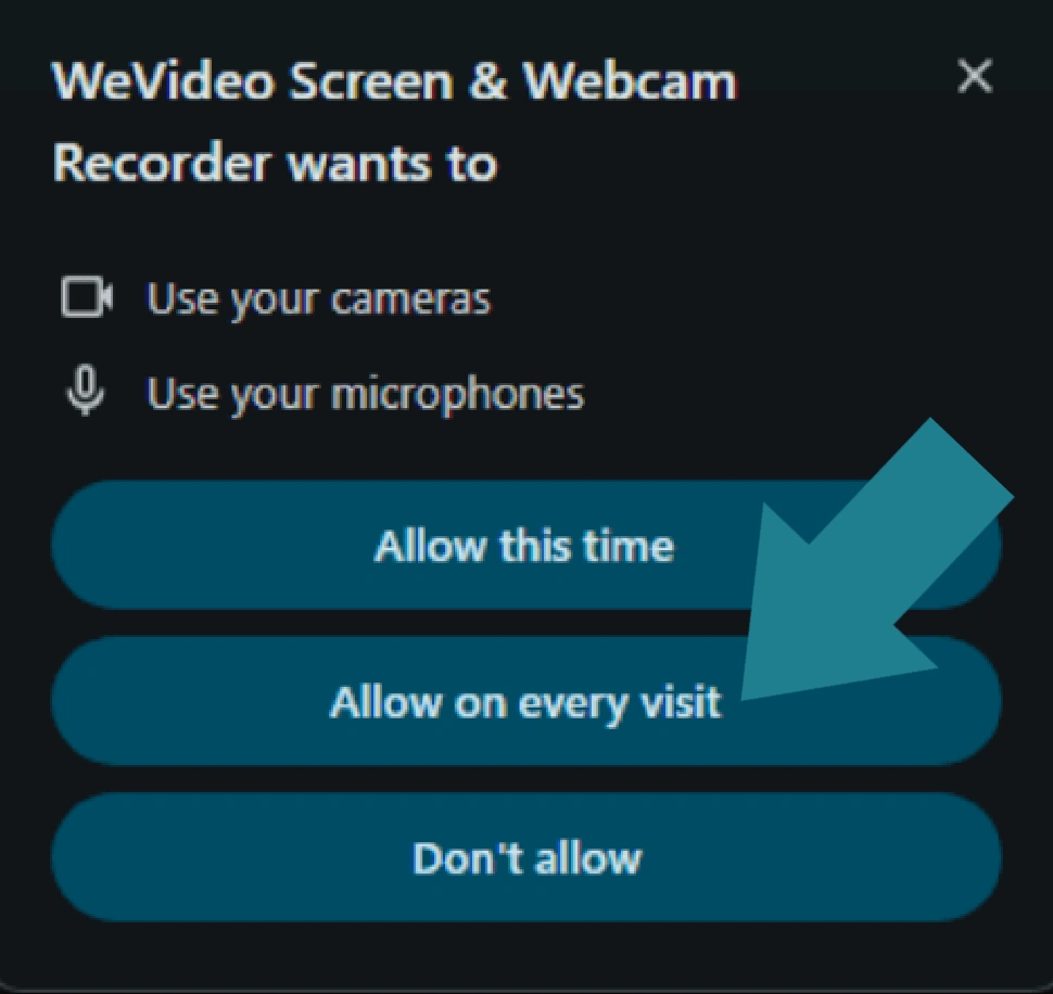 Grant access to the camera and microphone to let WeVideo recorder record the screen and webcam from the device.