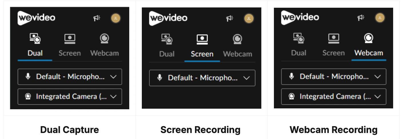 Recording options from the WeVideo Chrome extension