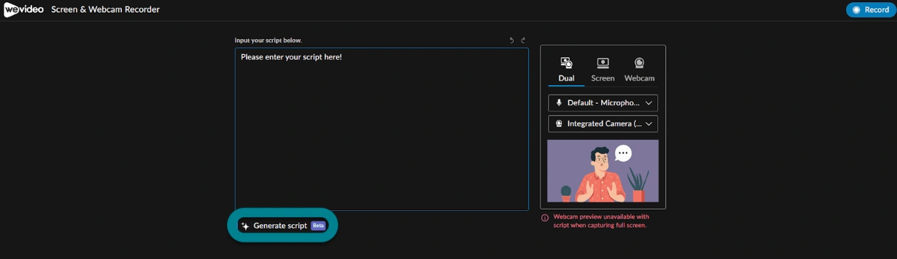 The generate script option in the WeVideo Chrome extension