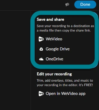 The saving and sharing options for the finished recordings in the WeVideo Chrome extension