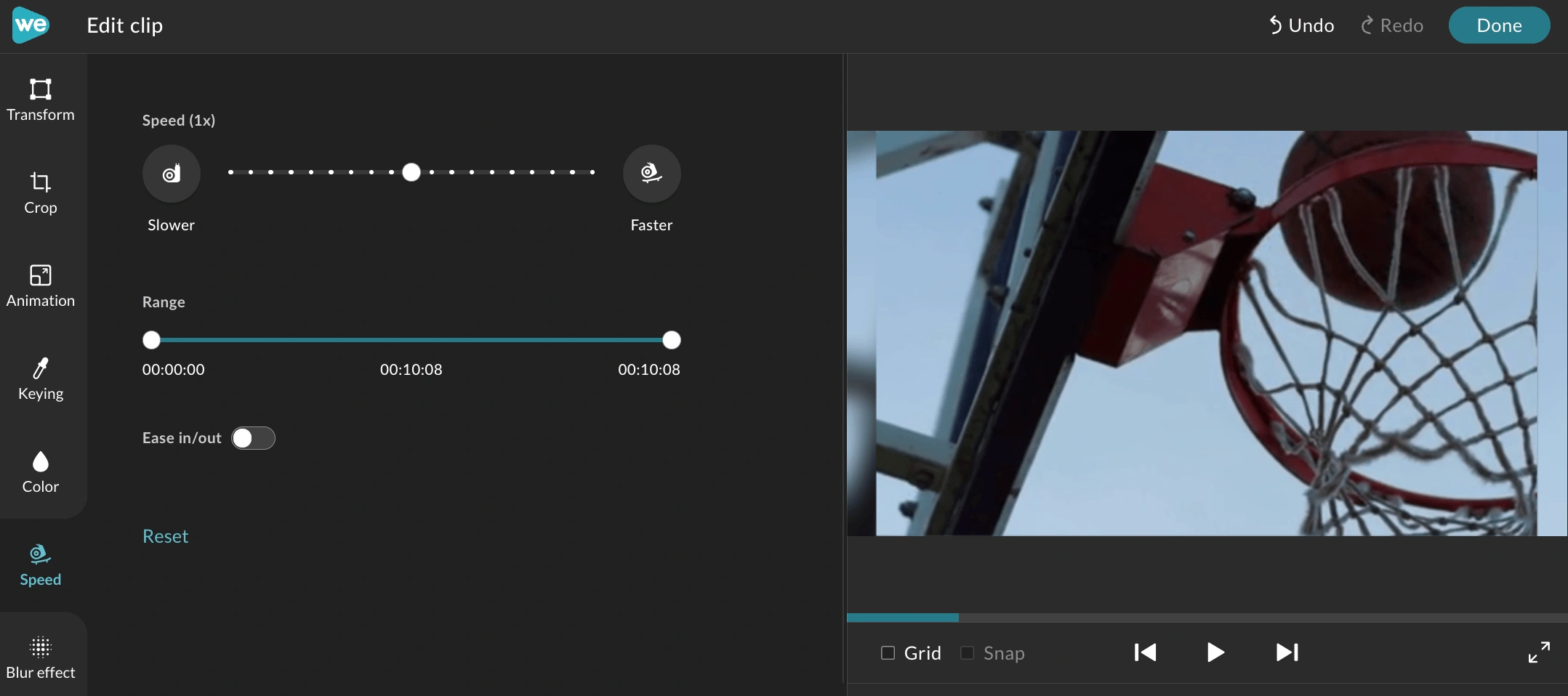 The speed tab in the clip editor.