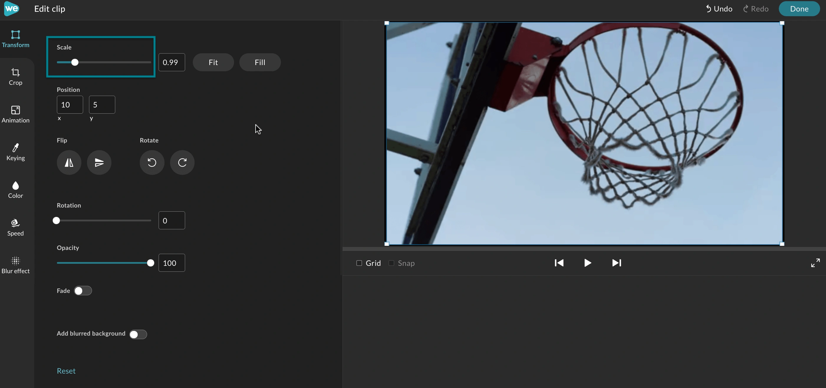 Scale slider in the clip editor.