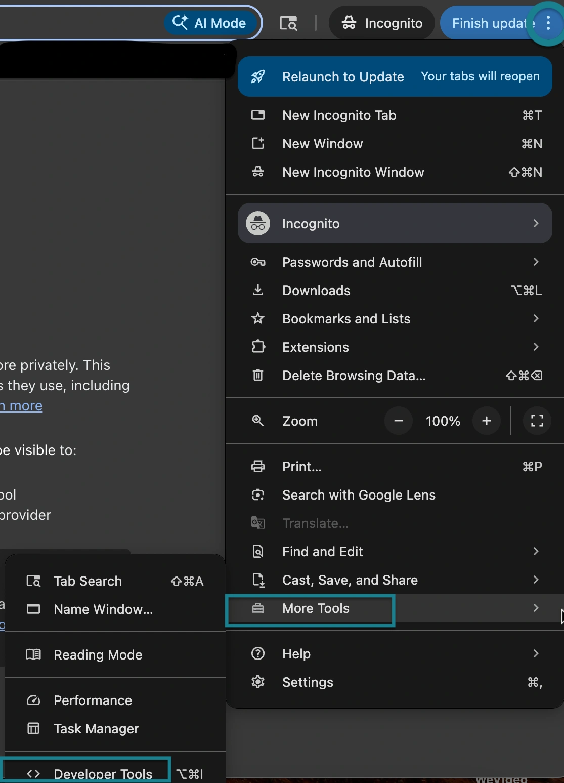 The more tool option from the Chrome browser