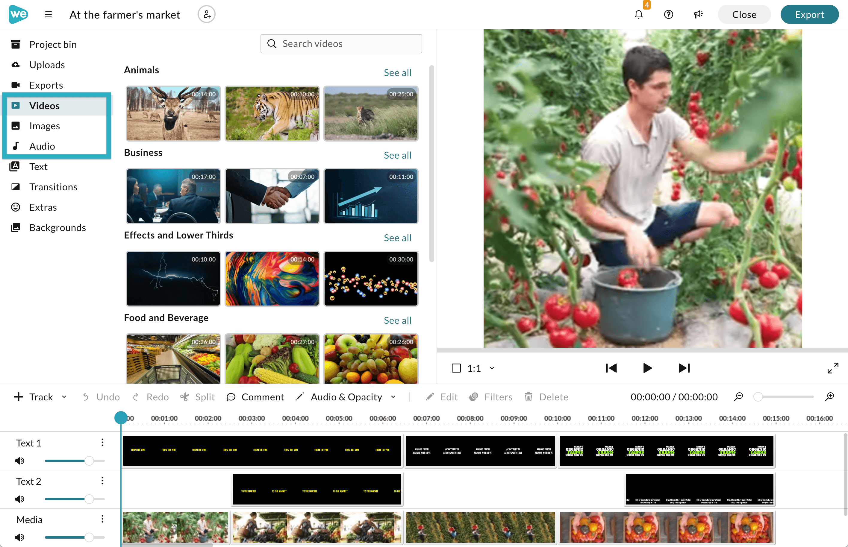 The videos, images, and audio essential library tab in the video editor.