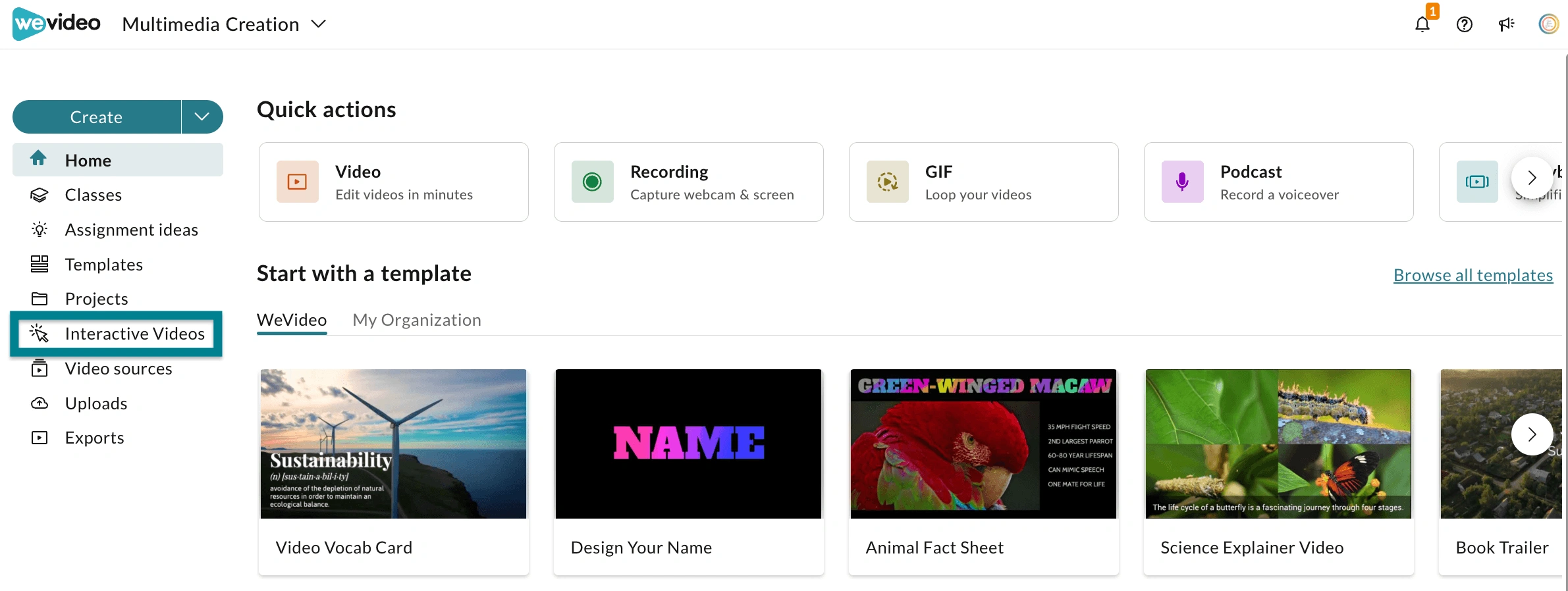 The interactive video tab in the Multimedia Creation space