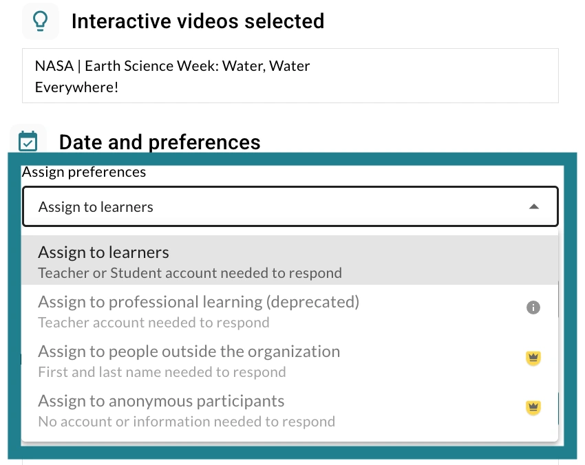 The assign preferences for the interactive video