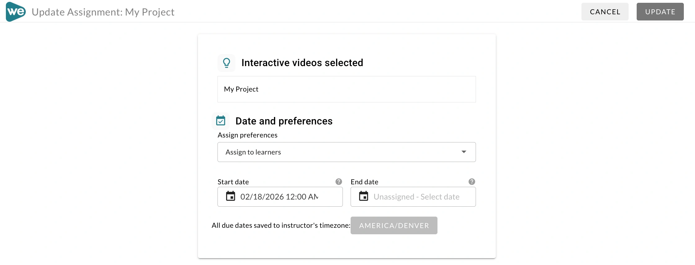 Update assignment page for the selected assignment.