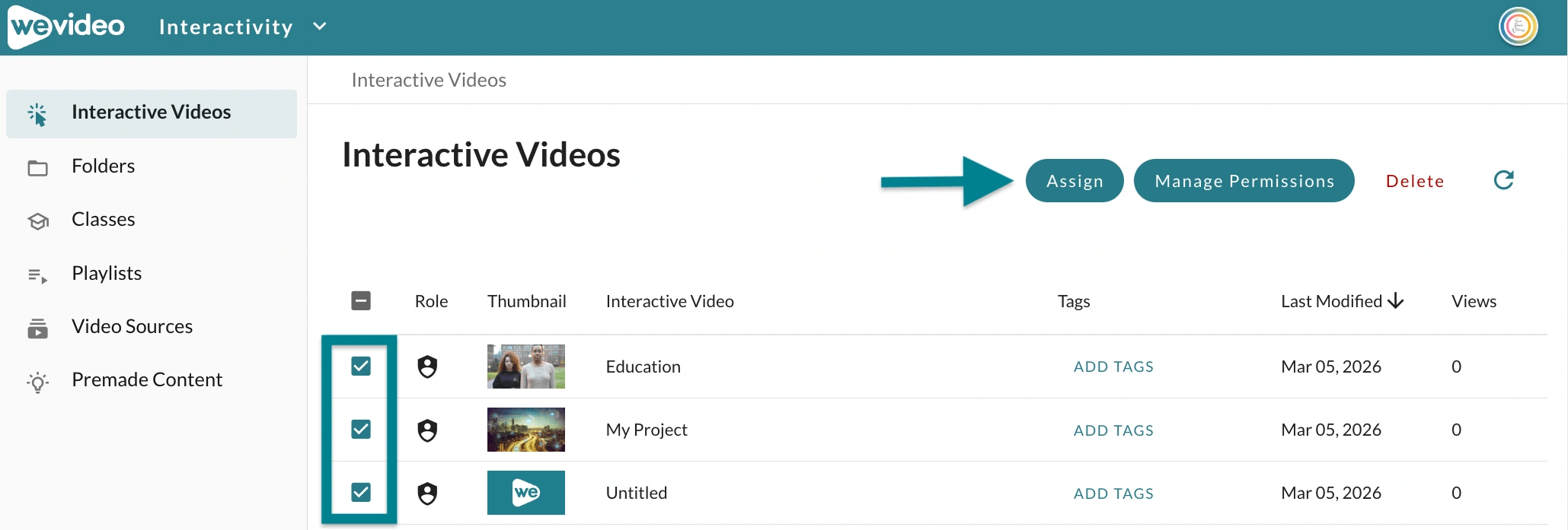 Select Multiple interactive videos from the interactive videos page 