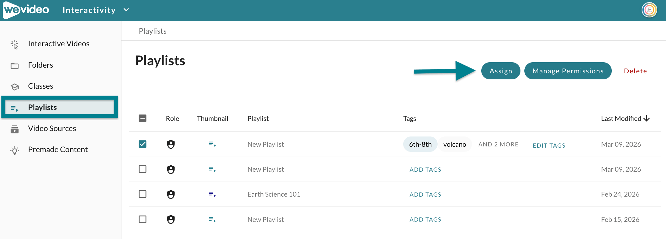 The playlists page in the Interactivity space.