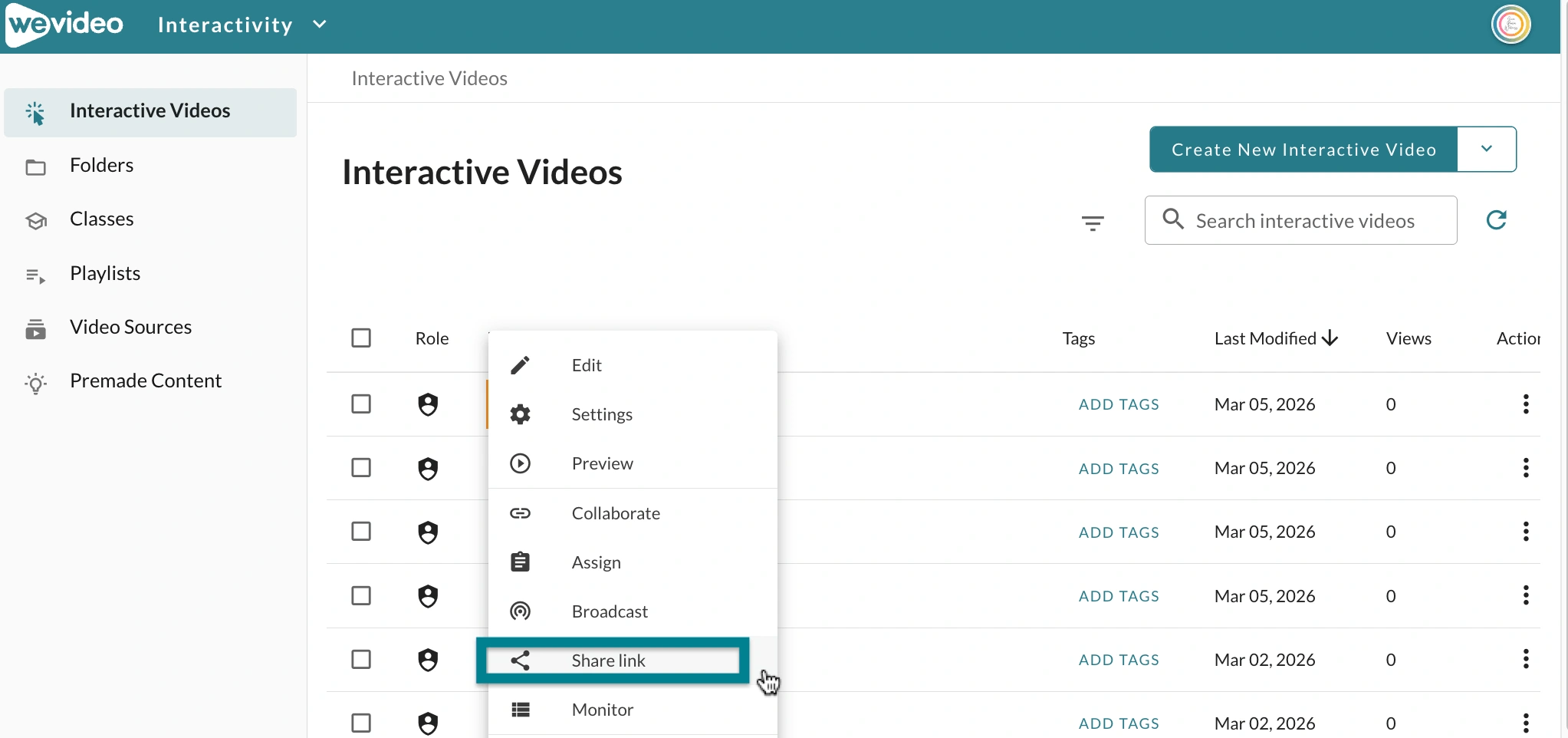 The share link option from the interactive video's or playlist's action menu