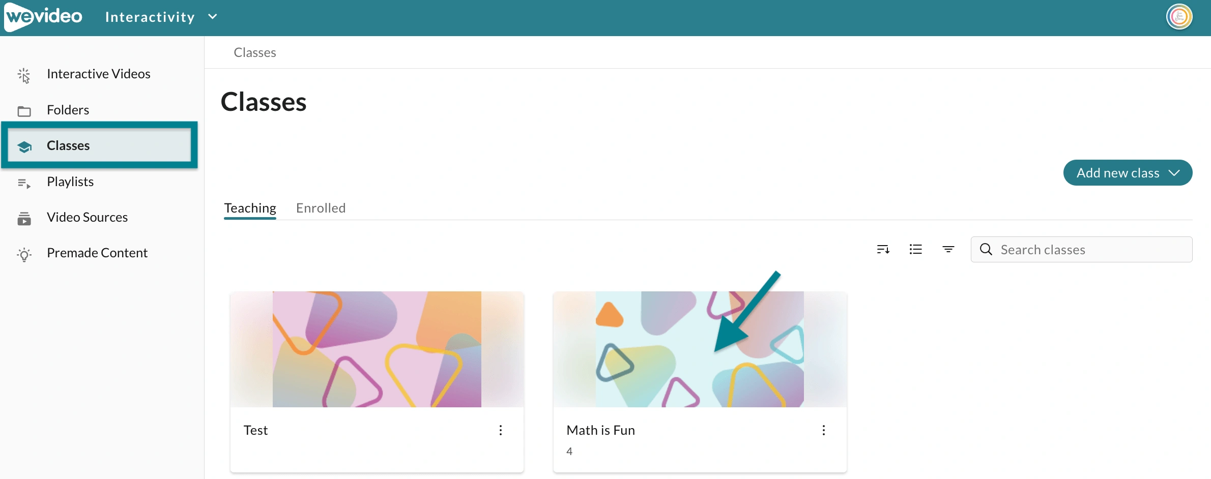 The classes page in the interactivity space