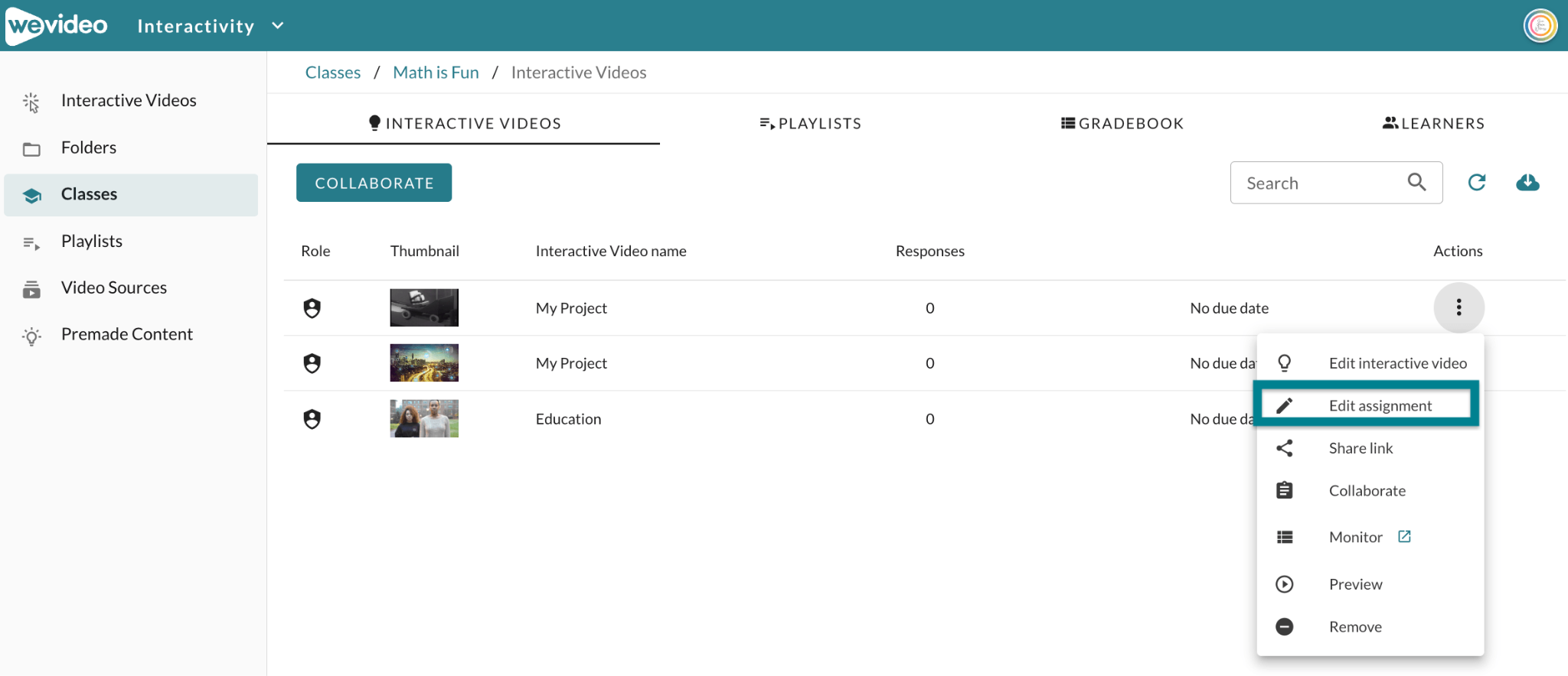 The edit assignment option from the assignment's action menu