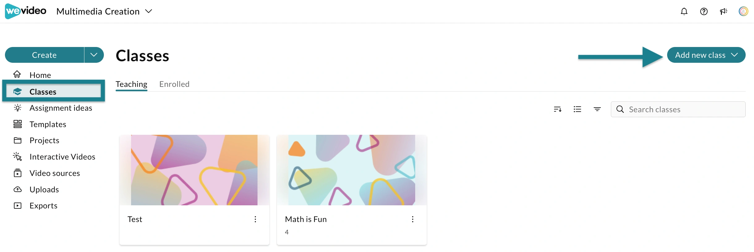 Classes page in the multimedia creation space with the add new class button
