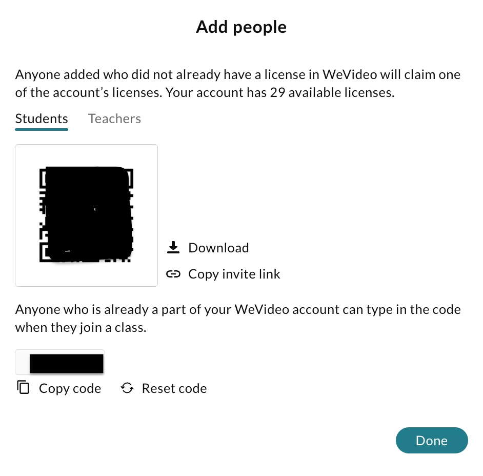 The invite code and join link for the class.