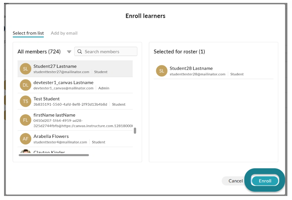 Click Enroll to add the selected learners to the class.