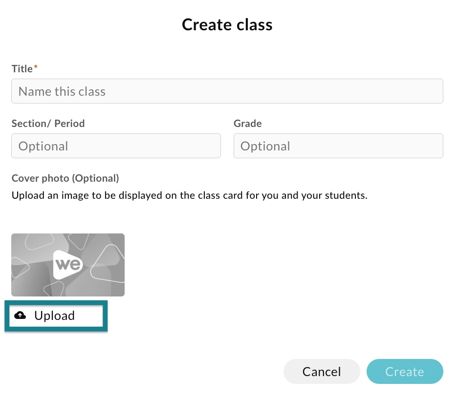 The upload cover photo option in the class creation window