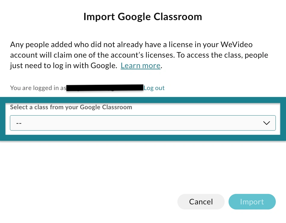 Select a class from the Google Classroom to import to WeVideo