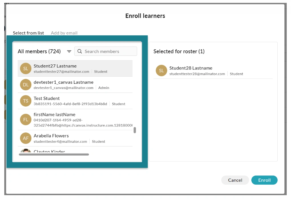The list of users from the license for the instructor to select to enroll.