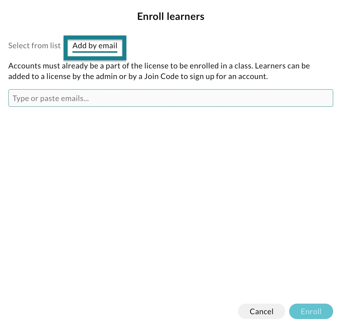 Add learners by email page.