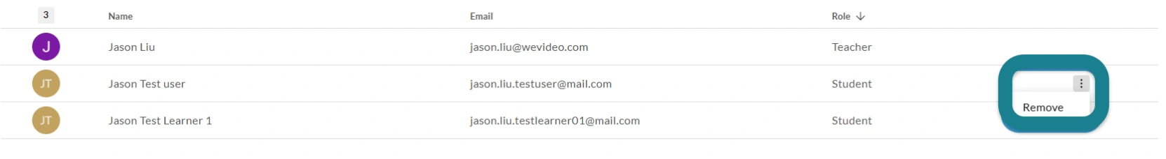 The remove option for the learners in the class