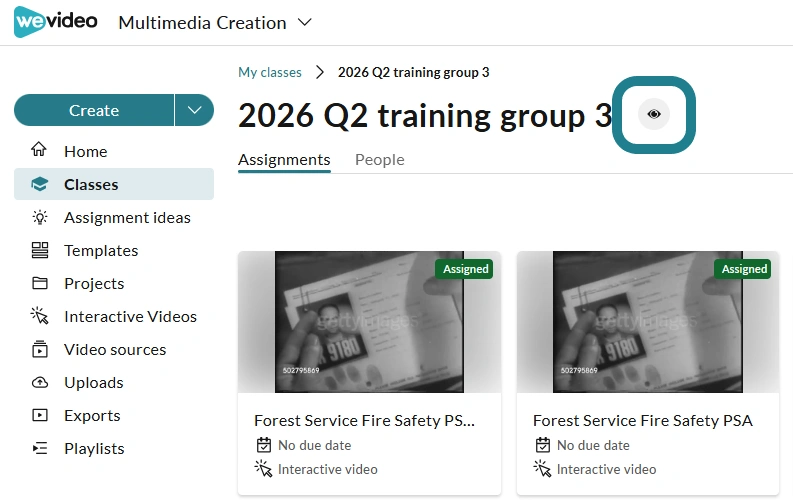 The preview as student icon in the WeVideo class
