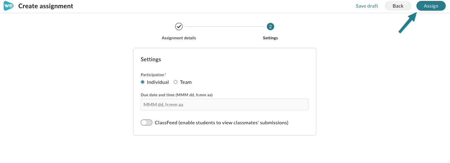 The second part of the assignment creation page