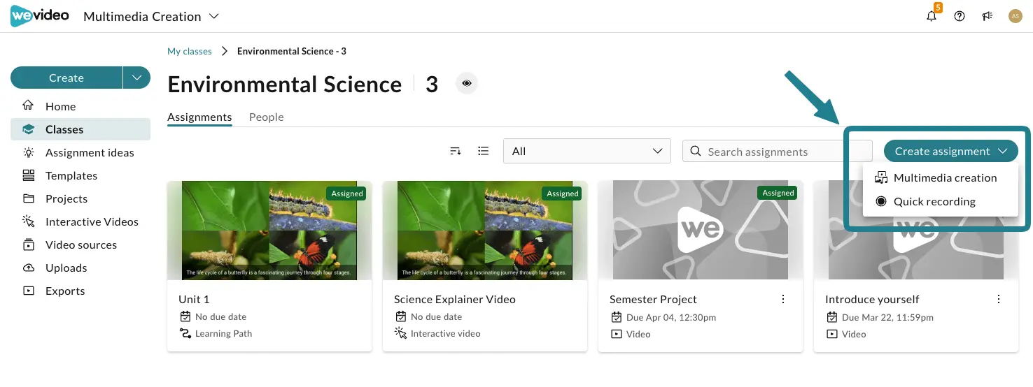 The create assignment button in the class.