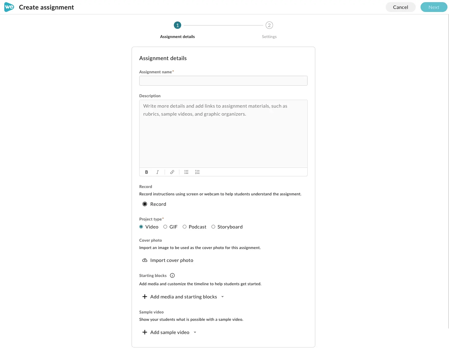 The create assignment page