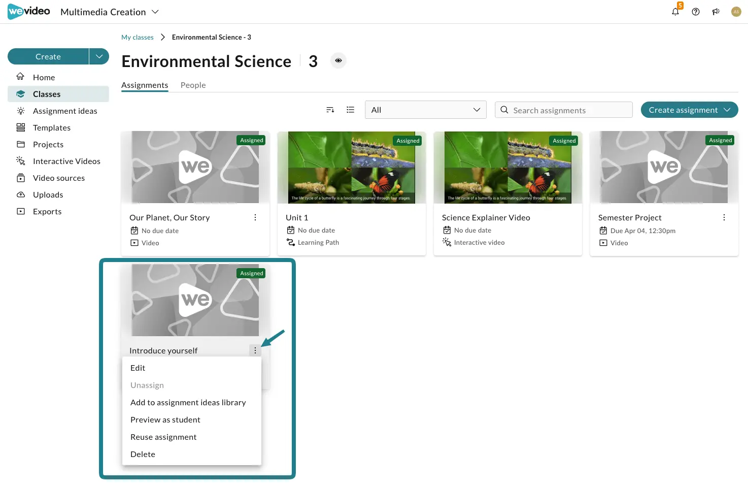 The action menu of the assignment in the class