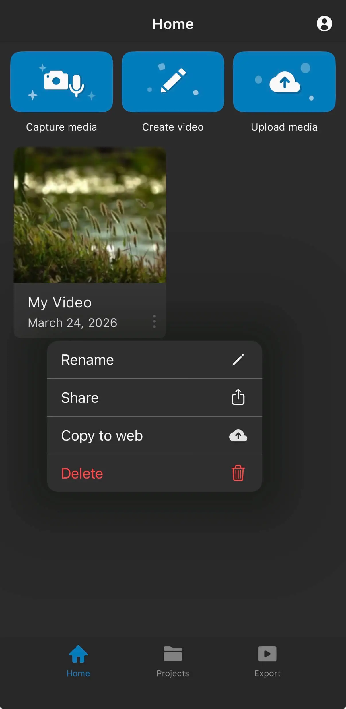 The copy to web option in the project's action menu