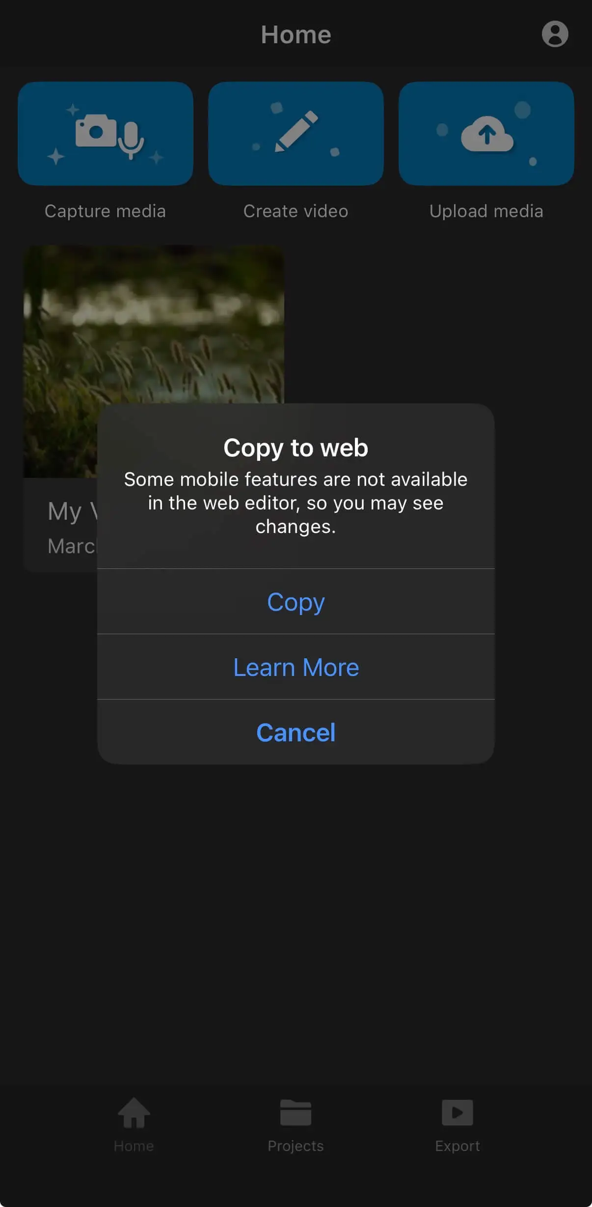 Confirmation window to confirm coping the project to web.
