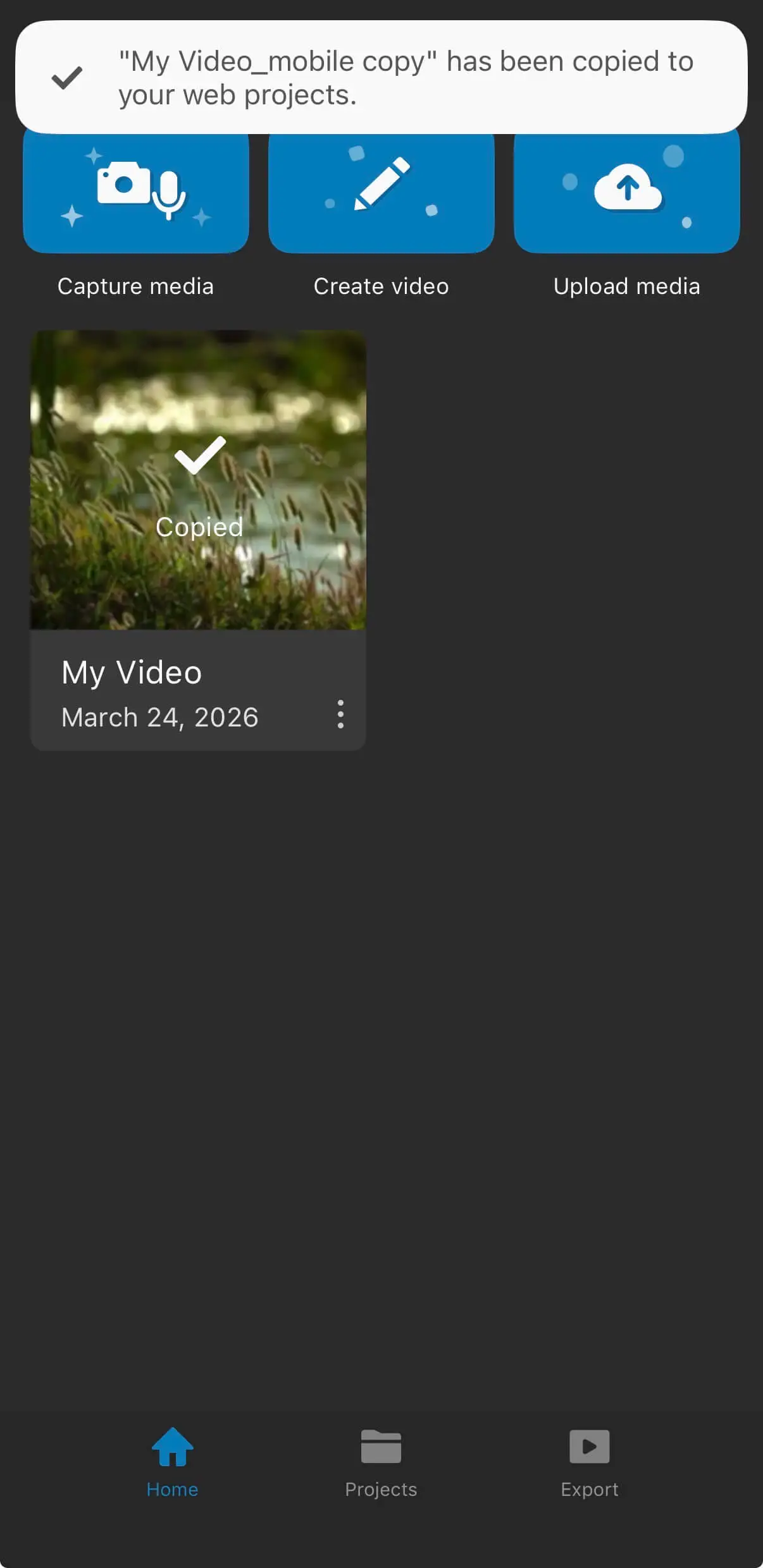 The notification to confirm the project has been copied to web