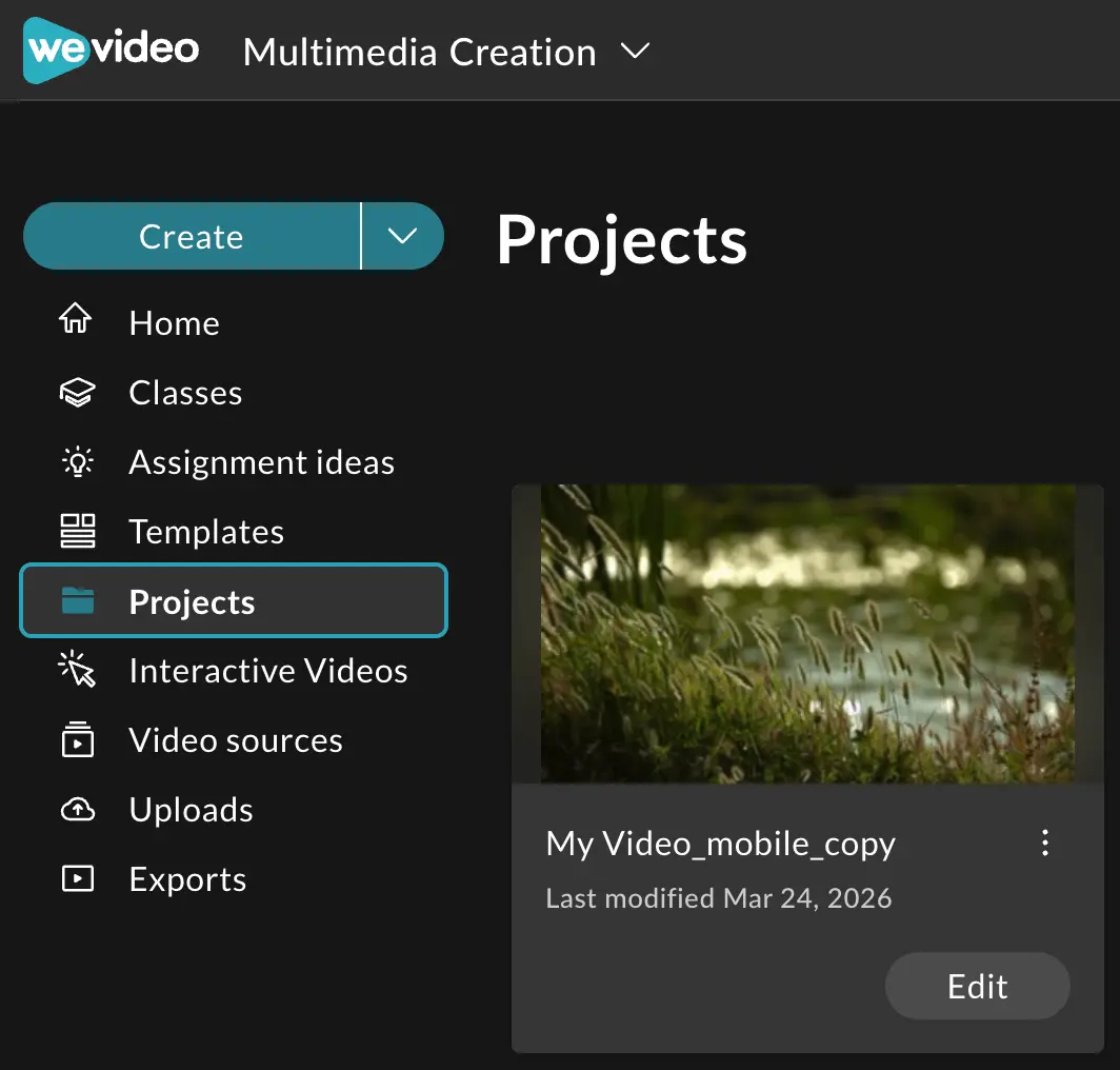 The projects page in the WeVideo Multimedia Creation space