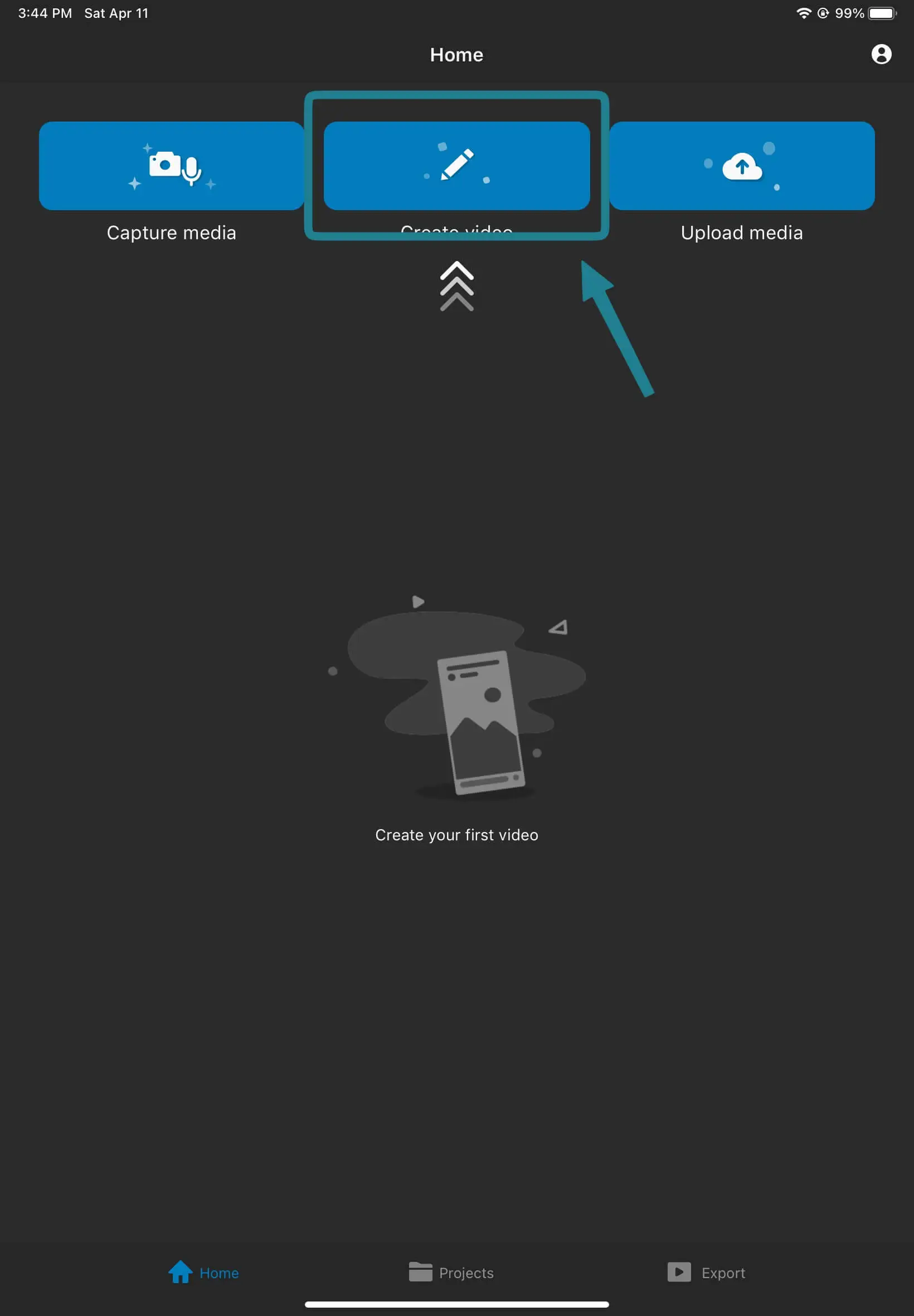 The create video option in the WeVideo mobile app