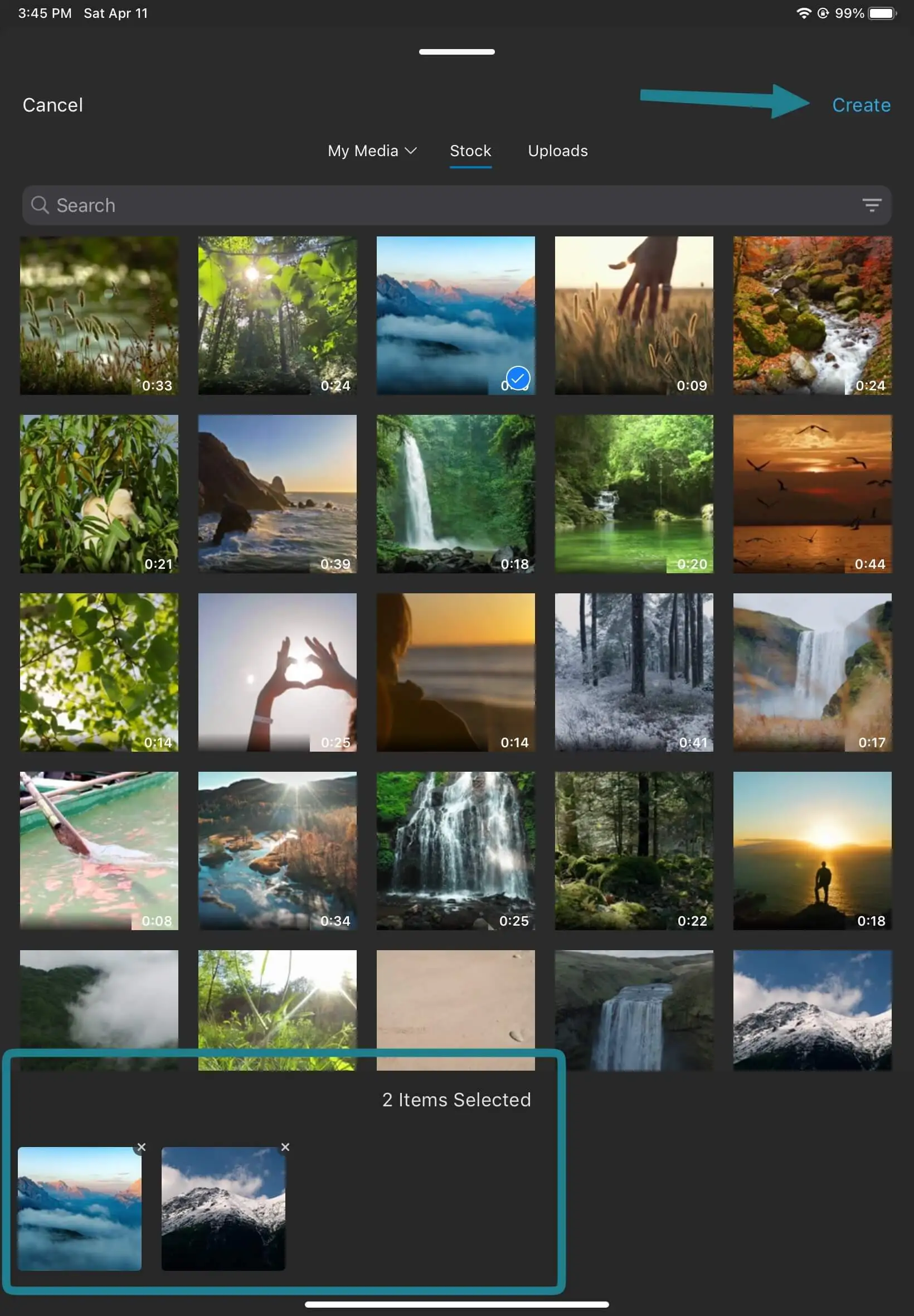 The create button to create a new project with the selected media