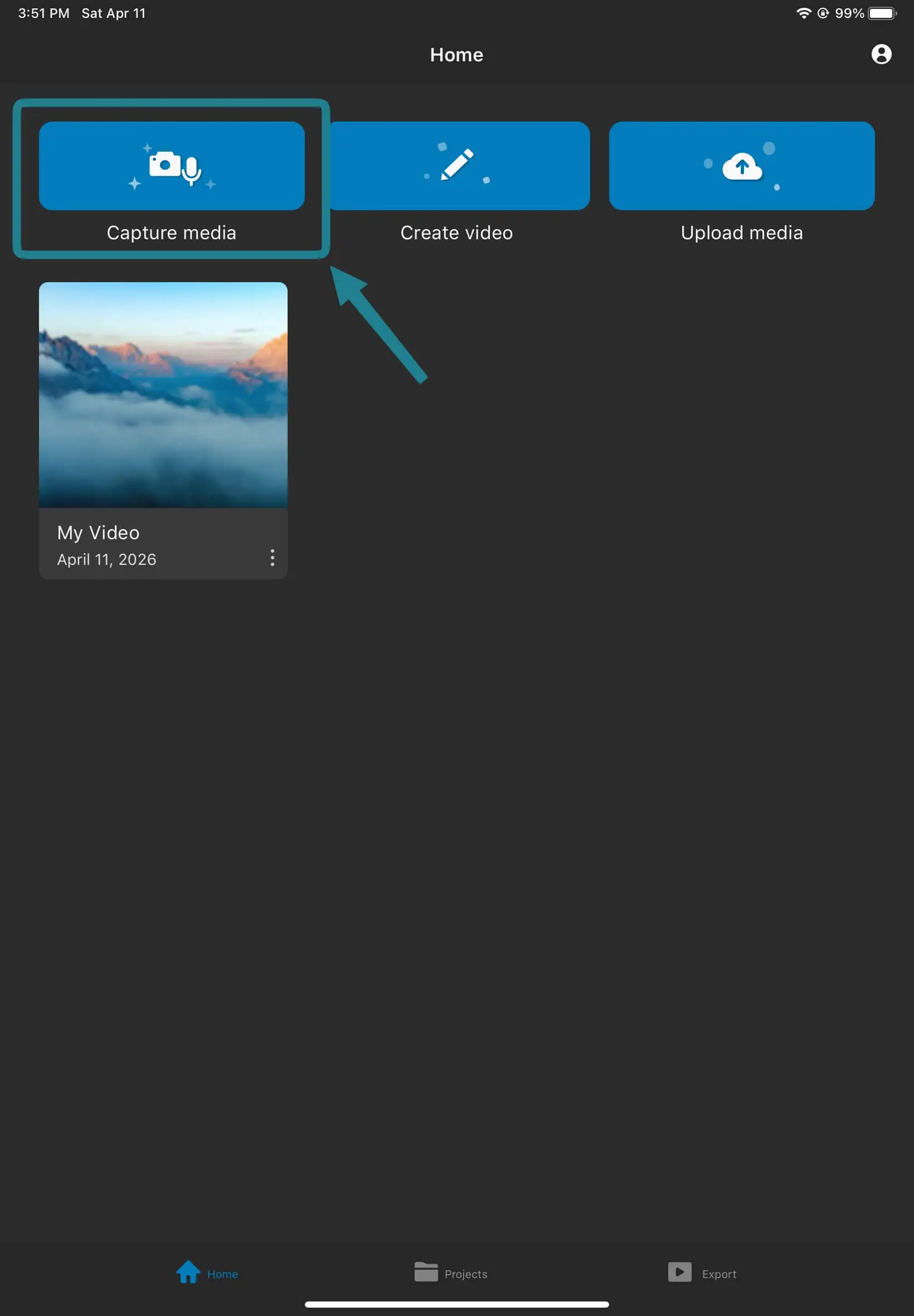 The capture media option in the WeVideo mobile app